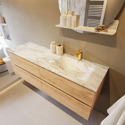 Mondiaz VICA-DLUX ensemble de meuble de salle de bain - 150cm - meuble sous-vasque chêne blanchi - 4 tiroirs - lavabo encastré cloud droite - 1 trou de robinet - version haute de 60cm - glace