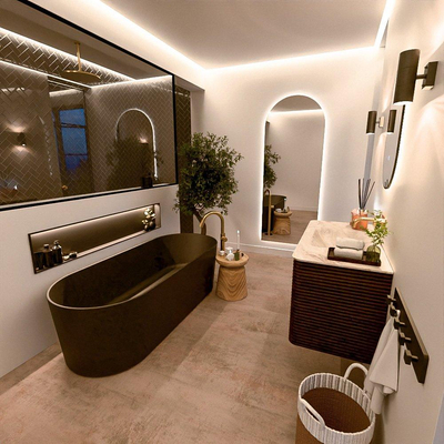 Mondiaz CIRO-DLUX Meuble de salle de bains - 100x45x50cm - vasque solid surface Frappe - 1 lavabo au milieu - sans trous de robinet - 2 tiroirs - Noyer