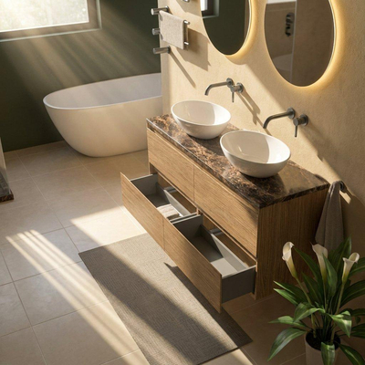 Saniclass Holz Pure Ensemble de meubles de salle de bains - 140x45x63cm - Plan de toilette en pierre naturelle Noche dark emperador - sans trou de robinet - 4 tiroirs - chêne natural mat (bois)