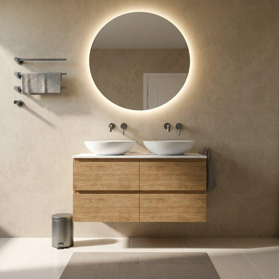 Saniclass Holz Pure Ensemble meuble de salle de bains - 120x45x62.5cm - plan de travail Torino en solid surface blanc - sans trou de robinet - 4 tiroirs - chêne natural mat (bois)