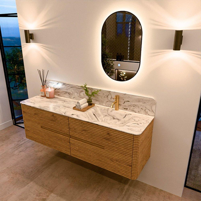 Mondiaz CIRO-DLUX Badkamermeubelset - 160x45x50cm - Solid surface wastafel Glace - 1 wasbak Rechts - 1 kraangat - 4 lades - Oak