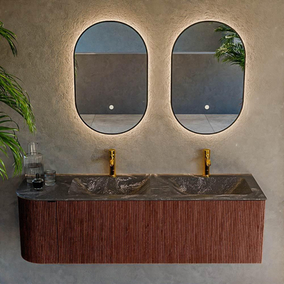 Mondiaz KURVE-DLUX Badkamermeubelset - 145x46x40cm - 1 lade - 1 deur - wastafel solid surface - dubbel / rechts - 2 kraangaten - Ruby