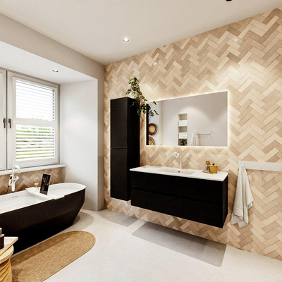 MONDIAZ VICA meuble sous lavabo 120cm Urban 2 tiroirs. Lavabo DENIA centre 1 trou de robinet, couleur Blanc Brillant.