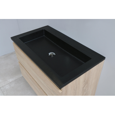 Basic Bella Meuble salle de bains avec lavabo acrylique Noir 80x55x46cm sans trous de robinet Chêne