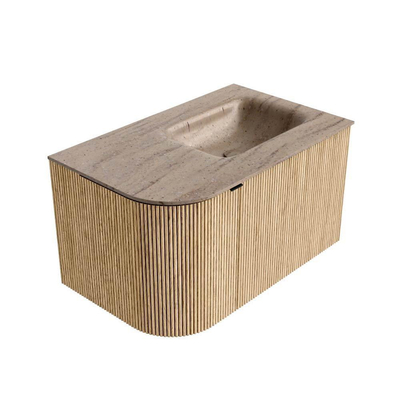 MONDIAZ KURVE-DLUX 75cm badmeubel ronding Links kleur Oak met 1 lade en 1 deur. Wastafel GRUNNE Rechts zonder kraangat Saba.
