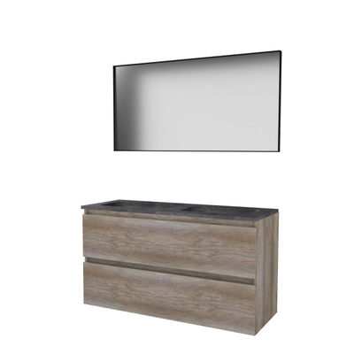 Basic-Line Framed 46 badkamermeubelset - 120x46cm - greeploos - 2 lades - hardsteen wastafel - 2 kraangaten - Spiegel - mat zwart aluminium frame - rondom - MFC Scotch Oak