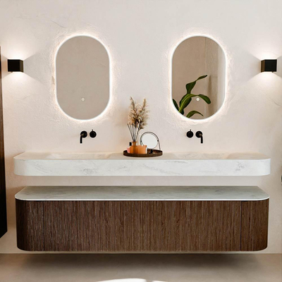 MONDIAZ THOR-DLUX 200cm meuble de salle de bains arrondi gauche + droite couleur Walnut avec 2 tiroirs et 2 portes. Vasque suspendue CLOUD Double sans trou de robinet couleur Opalo.