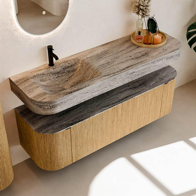 MONDIAZ THOR-DLUX 150cm badmeubel ronding links + rechts kleur Oak met 1 lade en 2 deuren. Vrijhangende wastafel CLOUD Links 1 kraangat kleur Oza.