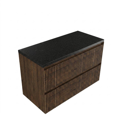 Saniclass Holz Atelier Ensemble de meubles de salle de bains - 100x45x63cm - Plan vasque en basalte Noche poli (noir) - sans trou de robinetterie - 2 tiroirs - chêne charcoal mat (bois)