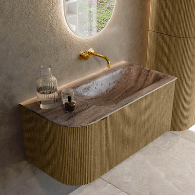 MONDIAZ KURVE-DLUX Meuble de salle de bains 95cm arrondi à gauche couleur Dusk avec 1 tiroir et 1 porte. Lavabo BIG SMALL à droite sans trou de robinet Oza.