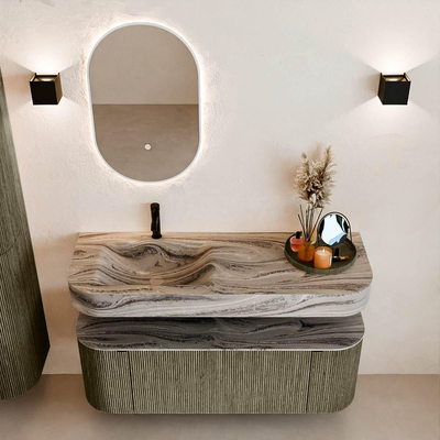 MONDIAZ THOR-DLUX 130cm badmeubel ronding links + rechts kleur Shadow met 1 lade en 2 deuren. Vrijhangende wastafel CLOUD Links 1 kraangat kleur Sombra.