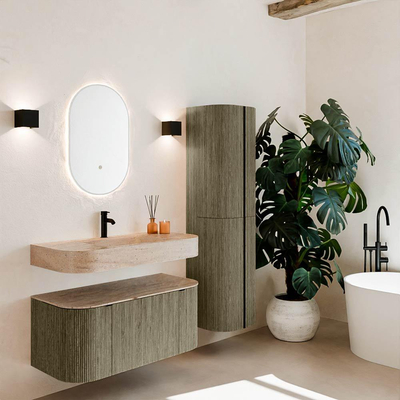 MONDIAZ THOR-DLUX 100cm meuble de salle de bains arrondi gauche + droite couleur Shadow avec 1 tiroir et 2 portes. Vasque suspendue CLOUD Milieu 1 trou de robinet couleur Saba.