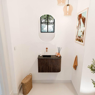 Mondiaz JOYA-DLUX 61.6cm toiletmeubel - ronding rechts kleur Walnut - Wastafel FAYE positie Links Zonder kraangat kleur Lava.