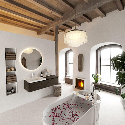 MONDIAZ BUKLA 120cm ensemble de meuble avec module 60 couleur Marron Foncé avec 2 tiroirs. Lavabo CLOUD à gauche 1 trou de robinet couleur Talc.
