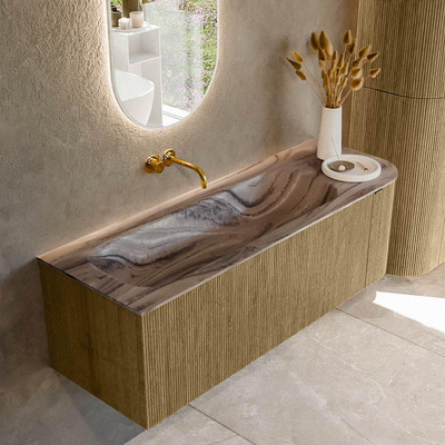 MONDIAZ KURVE-DLUX Meuble de salle de bains 135cm arrondi à droite couleur Dusk avec 1 tiroir et 1 porte. Lavabo BIG MEDIUM à gauche sans trou de robinet Sombra.