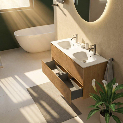 Saniclass Holz Atelier Ensemble meuble de salle de bains - 120x45x61.5cm - Flow lavabo en solid surface blanc - 2 vasques - 2 trous de robinetterie - 2 tiroirs - chêne natural mat (bois)
