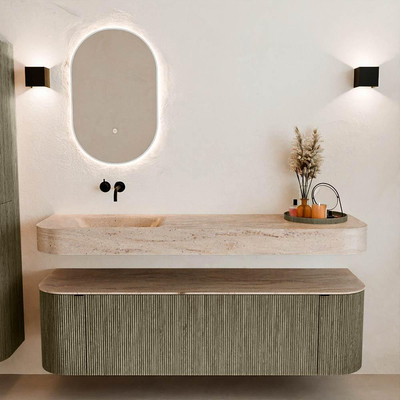 MONDIAZ THOR-DLUX 160cm meuble de salle de bains arrondi gauche + droite couleur Shadow avec 1 tiroir et 2 portes. Vasque suspendue CLOUD Gauche sans trou de robinet couleur Saba.