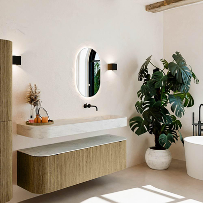 MONDIAZ THOR-DLUX 150cm meuble de salle de bains arrondi gauche + droite couleur Dusk avec 1 tiroir et 2 portes. Vasque suspendue CLOUD Droite sans trou de robinet couleur Opalo.