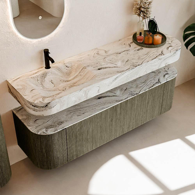 MONDIAZ THOR-DLUX 160cm meuble de salle de bains arrondi gauche + droite couleur Shadow avec 1 tiroir et 2 portes. Vasque suspendue CLOUD Gauche 1 trou de robinet couleur Glace.