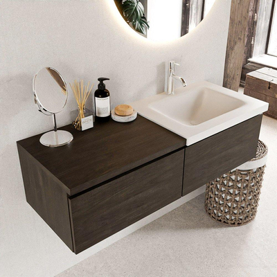 MONDIAZ BUKLA 120cm ensemble de meuble avec module 60 couleur Marron Foncé avec 2 tiroirs. Lavabo CLOUD à droite 1 trou de robinet couleur Talc.
