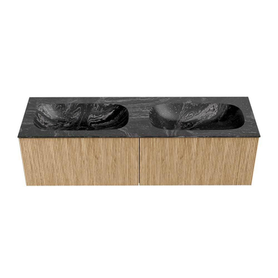 MONDIAZ KURVE-DLUX 150cm badmeubel kleur Oak met 2 lades. Wastafel STOR SMALL dubbel 2 kraangaten kleur Lava.