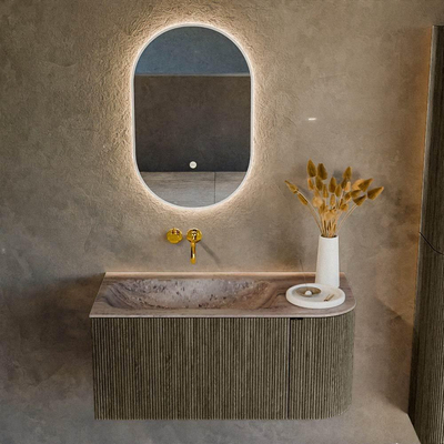 MONDIAZ KURVE-DLUX meuble de salle de bains 95cm courbure droite couleur Shadow avec 1 tiroir et 1 porte. Vasque BIG SMALL gauche sans trou de robinetterie Oza.