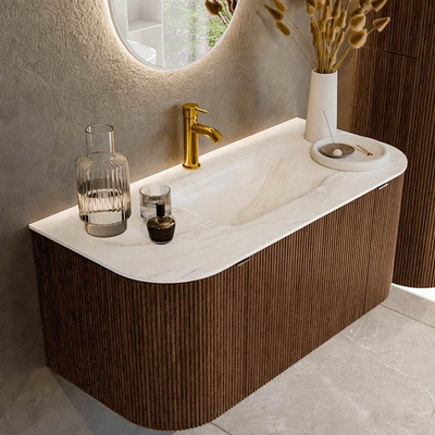 MONDIAZ KURVE-DLUX 100cm badmeubel met module 25 Len R kleur Walnut met 1 lade en 2 deuren. Wastafel GRUNNE midden 1 kraangat kleur Ostra.