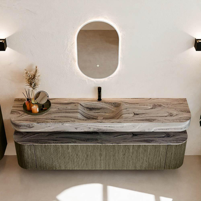 MONDIAZ THOR-DLUX 200cm meuble de salle de bains arrondi gauche + droite couleur Shadow avec 2 tiroirs et 2 portes. Vasque suspendue CLOUD Milieu 1 trou de robinet couleur Sombra.