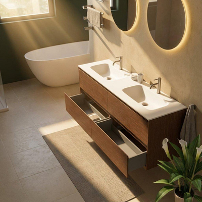 Saniclass Holz Pure Ensemble de meubles de salle de bains - 160x45x61.5cm - Flow vasque en Solid Surface blanc - 2 vasques - 2 trous de robinet - 4 tiroirs - mat walnut pure (bois)