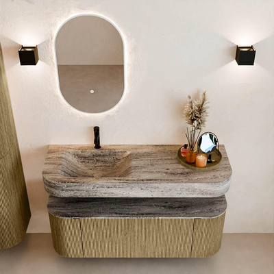 MONDIAZ THOR-DLUX 130cm meuble de salle de bains arrondi gauche + droite couleur Dusk avec 1 tiroir et 2 portes. Vasque suspendue CLOUD gauche 1 trou de robinet couleur Oza.