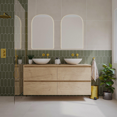Saniclass Holz Pure Meuble de salle de bain - 140x45x60cm - plan de toilette - sans trous de robinet - 4 tiroirs - Chêne Natural