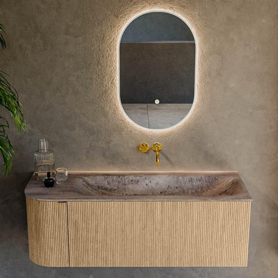 MONDIAZ KURVE-DLUX Meuble de salle de bains 125cm arrondi à gauche couleur Oak avec 1 tiroir et 1 porte. Plan-vasque BIG MEDIUM à droite sans trou de robinet Oza.