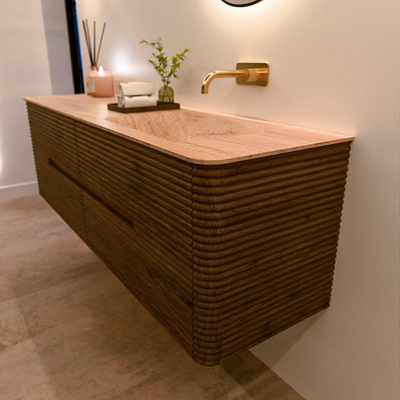 Mondiaz CIRO-DLUX Badkamermeubelset - 160x45x50cm - Solid surface wastafel Saba - 1 wasbak Rechts - zonder kraangaten - 4 lades - Dusk