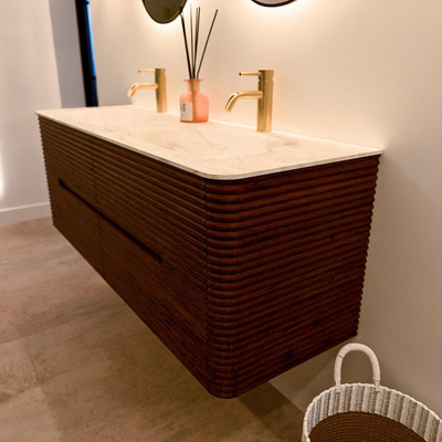 Mondiaz CIRO-DLUX Badkamermeubelset - 140x45x50cm - Solid surface wastafel Ostra - 2 wasbak Dubbel - 2 kraangaten - 4 lades - Ruby