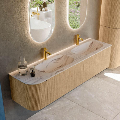 MONDIAZ KURVE-DLUX 175cm badmeubel ronding Links kleur Oak met 2 lades en 1 deur. Wastafel STOR SMALL Dubbel / Rechts 2 kraangaten Nata.