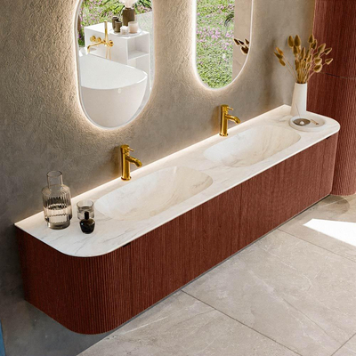 Mondiaz KURVE-DLUX Badkamermeubelset - 200x46x40cm - 2 lade - 2 deuren - wastafel solid surface - dubbel - 2 kraangaten - Ruby