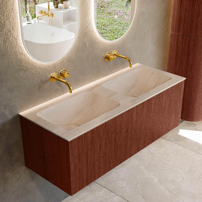 MONDIAZ KURVE-DLUX 120cm badmeubel kleur Ruby met 1 lade en 0 deuren. Wastafel LEAF Dubbel zonder kraangat Meli.