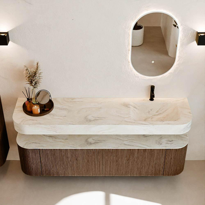 MONDIAZ THOR-DLUX 180cm meuble de salle de bains arrondi gauche + droite couleur Walnut avec 2 tiroirs et 2 portes. Vasque suspendue CLOUD Droite 1 trou de robinet couleur Ostra.