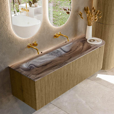 MONDIAZ KURVE-DLUX Meuble de salle de bains 145 cm arrondi à droite couleur Dusk avec 1 tiroir et 1 porte. Lavabo BIG LARGE à gauche sans trou de robinet Sombra.