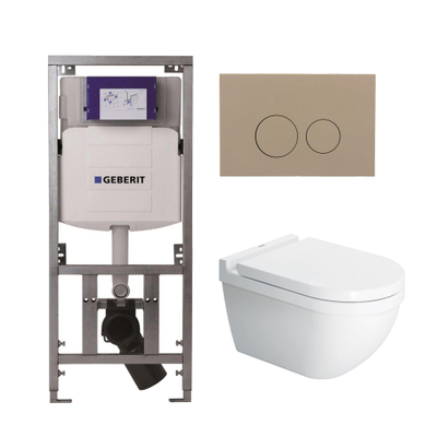 Duravit Starck 3 toiletset met Geberit inbouwreservoir toiletzitting met Saniclass softclose zitting en QeramiQ bedieningsplaat taupe met ronde knoppen wit