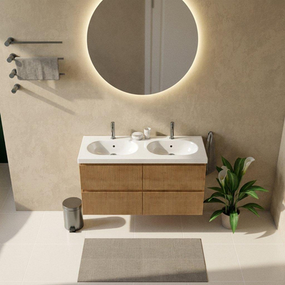 Saniclass Holz Atelier Ensemble meuble de salle de bains - 120x45x63.5cm - lavabo Palermo en céramique blanc - 2 vasques - 2 trous de robinetterie - 2 tiroirs - chêne natural mat (bois)