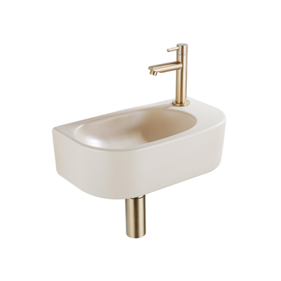 QeramiQ Fuente Ensemble de lavabo - 40x21.5x12cm - droit - lisse - demi-rond - 1 trou de robinet - céramique - robinet de lavabo laiton brossé - bouchon de vidange - siphon abaissé - beige