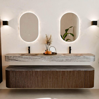 MONDIAZ THOR-DLUX 200cm meuble de salle de bains arrondi gauche + droite couleur Walnut avec 2 tiroirs et 2 portes. Vasque suspendue CLOUD Double 2 trous de robinet couleur Oza.