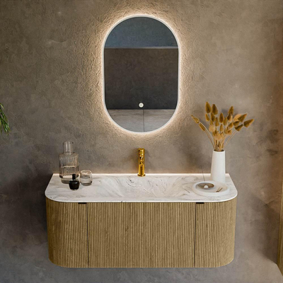 Mondiaz KURVE-DLUX Badkamermeubelset - 110x46x40cm - 1 lade - 2 deuren - wastafel solid surface - midden - 1 kraangat - Dusk