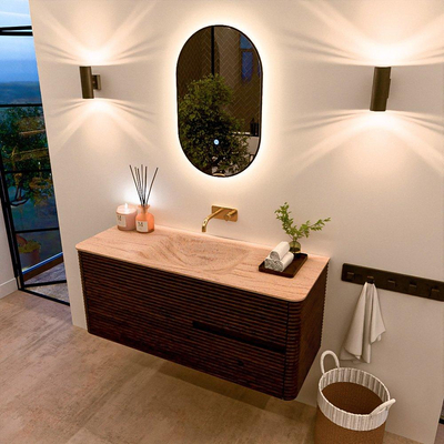 Mondiaz CIRO-DLUX Ensemble de meubles de salle de bains - 120x45x50cm - Vasque solid surface Saba - 1 lavabo au milieu - sans trous de robinet - 2 tiroirs - Noyer