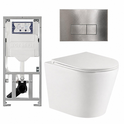 QeramiQ Dely Toiletset - 36.3x51.7cm - diepspoel - rimless - Geberit UP320 inbouwreservoir - met Burda frame - softclose toiletzitting - steel bedieningsplaat - rechtehoekige knoppen - mat wit