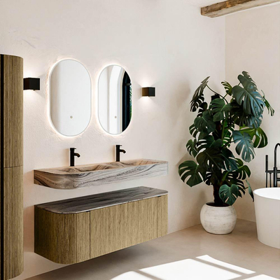 MONDIAZ THOR-DLUX 130cm meuble de salle de bains arrondi gauche + droite couleur Dusk avec 1 tiroir et 2 portes. Vasque suspendue CLOUD Double 2 trous de robinet couleur Sombra.