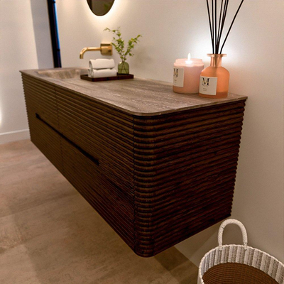 Mondiaz CIRO-DLUX Badkamermeubelset - 150x45x50cm - Solid surface wastafel Oza - 1 wasbak Links - zonder kraangaten - 4 lades - Walnut