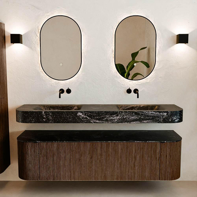 MONDIAZ THOR-DLUX 170cm badmeubel ronding links + rechts kleur Walnut met 1 lade en 2 deuren. Vrijhangende wastafel CLOUD Dubbel zonder kraangat kleur Lava.