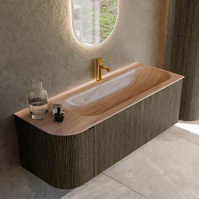 MONDIAZ KURVE-DLUX Meuble de salle de bains 125cm arrondi à gauche couleur Shadow avec 1 tiroir et 1 porte. Lavabo BIG MEDIUM à droite 1 trou de robinet Saba.